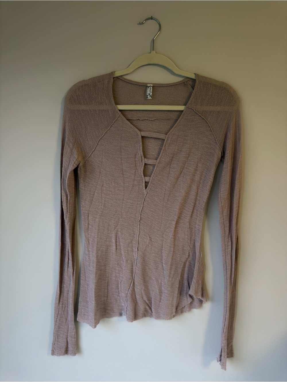 Free People Mauve-Taupe Long Sleeve Plunge Top with Ladder Straps